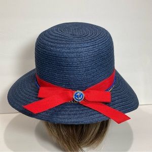 Cappelli Straw World Navy Blue Straw Sun Hat Nautical Accent Red Blue Bands NEW